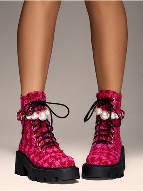 Betsey Johnson Pink Tweed Combat Boots with Pearls Size 8 NWOB